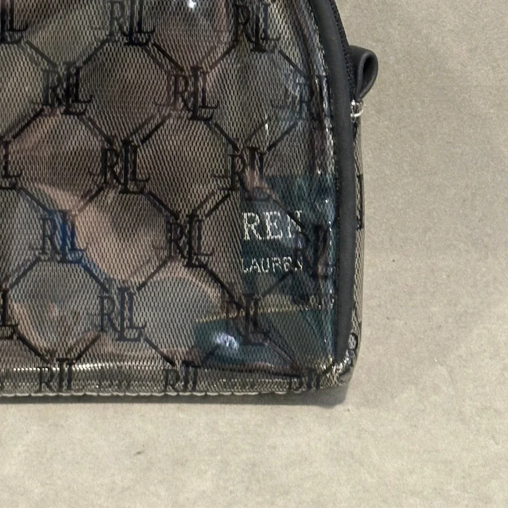 Lauren Ralph Lauren Clear RLL Monogram Cosmetic Bag Black Mesh Makeup Pouch Dome